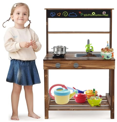 COSTWAY Cocina Juguete Madera de Abeto, Cocinita Infantil Exterior con Grifo Giratorio y Fregadero Extraíble, Estufas y Perillas Realistas, Pizarra, Cocina de Juego Educativa para Niños de 3-7 Años