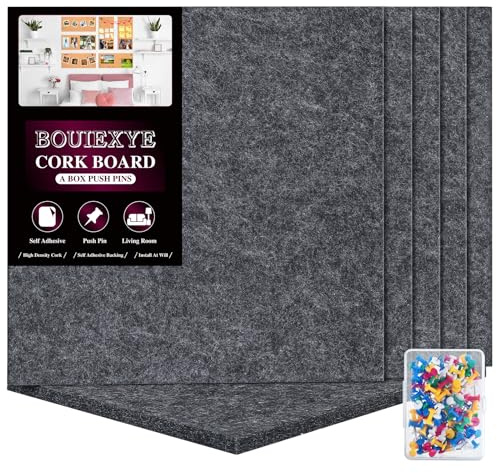 Bouiexye Felt Cork Board Tiles 6 Pack Grey Bulletin Boards 12x12 - 1/2 Thick Corkboards for Wall Bulletin Board Self Adhesive with 100 Push Pins for Wall School Home Office