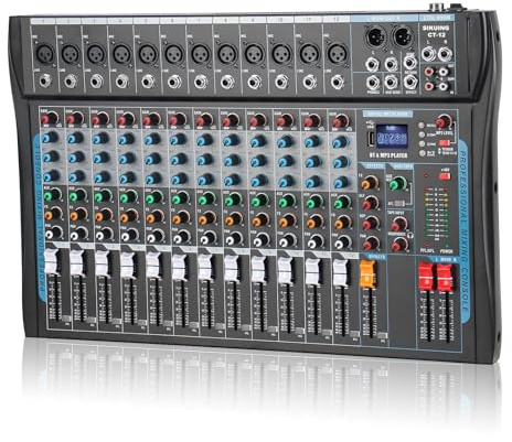 SIKUING 12 Channel Audio Interfacer Sound Board Mixer DJ Mixer 16-Bit DSP Effect USB Audio Mixer +48V Phantom Power Bluetooth Mixer for Karaoke Studio Streaming Recording,Live Streaming