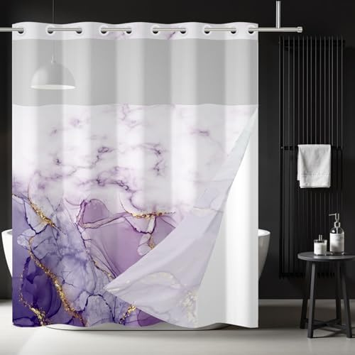 Ttincceer Tenda da doccia marmo senza gancio con fodera a scatto, doppio strato, moderna e lussuosa impermeabile decorativa per bagno con finestra superiore trasparente 180x188 cm