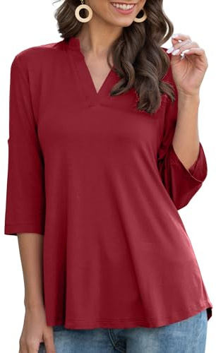 Heersan Maglietta Donna Cotone Tunica Casual Maniche a 3/4 Top Maglia Magliette Tinta Unita/con Stampata Scollo V T-Shirt Elegant Camicetta Bluse da Donna