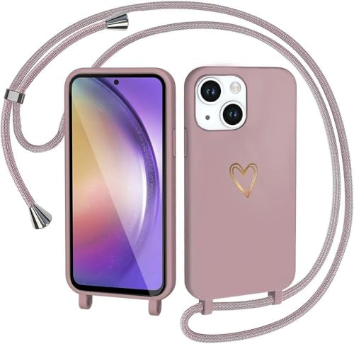 CaseLover Handyband kompatibel mit iPhone 15 Hülle mit Band, Pink | Herz Muster, Silikon Necklace Handyhülle mit Abnehmbar Kordel zum Umhängen, Stossfest Bumper Handy Schutzhülle Case 6.1