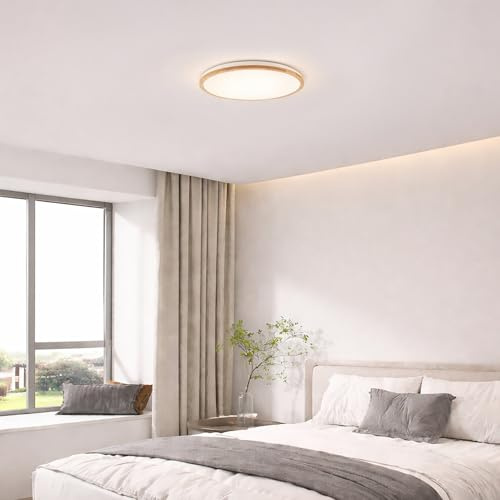 Lightbox LED Deckenlampe | Ø 52 cm | Deckenleuchte mit Holz Rahmen & | LED Deckenlampe | Ø 52 cm | Deckenleuchte mit Holz Rahmen & Nachtlicht & Timer | dimmbar per Fernbedienung | CCT | 4500 lm |