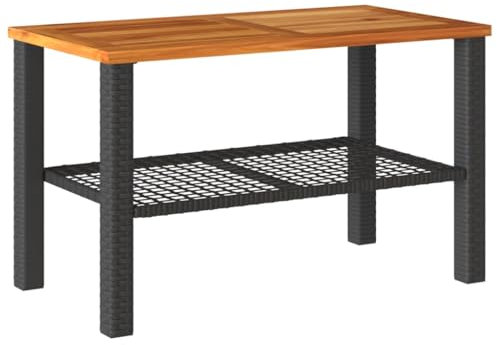 SDWEHO7 Garten Beistelltisch mit Holzplatte, PE Rattan Gartentisch Couchtisch Kaffeetisch Teetisch Balkontisch Rattantisch Gartenmöbel, Schwarz 70x38x42 cm