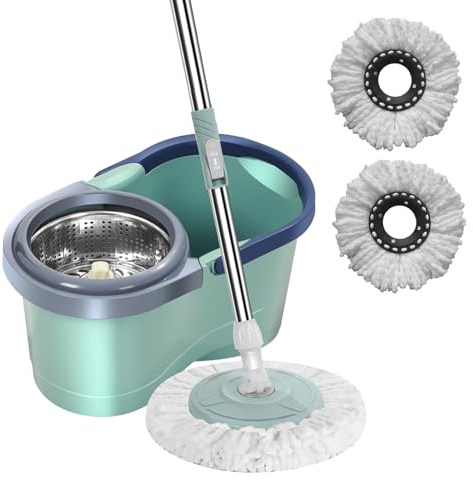 Ensembles Balai-serpillière Et Seau, Seau Essoreuse Et Balai À Franges, Set Serpillère Rotative 360° avec Manche Téléscopique Et Seau, Vadrouille À Rotation Automatique avec Seau,1/2/3 Bross De Tête