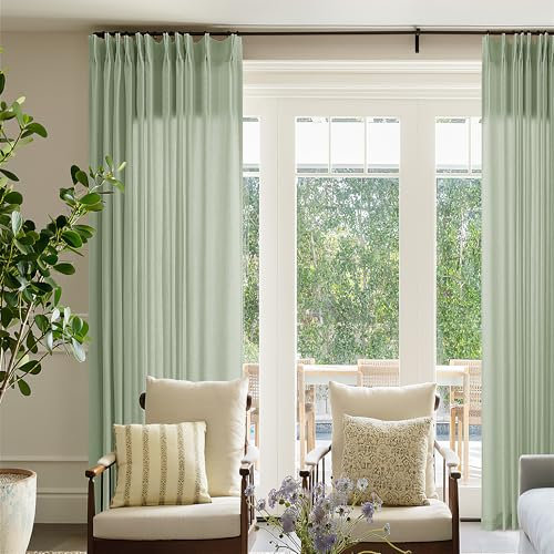 Sage Green Pinch Pleat Linen Curtains for Patio Sliding Door 72 Inch Width 120 Inches Long Light Filtering Semi Sheer Custom Cotton Extra Wide 72 x 120 Curtain Panels for Living Dining Room Balcony