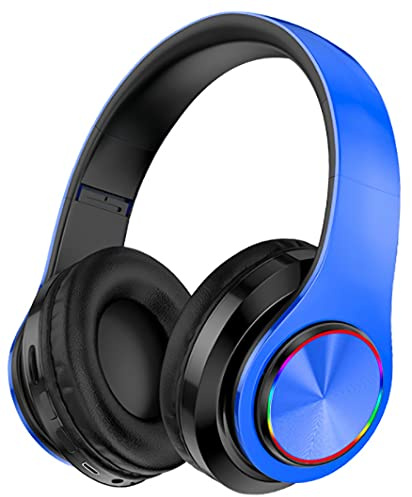 Fragolucyou Kabellose Bluetooth-Kopfhörer, Bunte Lichter, faltbar, Bluetooth 5.0, 10 m Reichweite, Stereo-Surround, integriertes Mikrofon, bequem befestigte Ohren (blau)