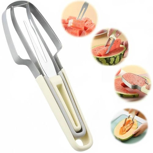 JAONLD Cortador de Sandia Cortador de Frutas Sandia Acero Inoxidable Multifuncional de Acero Inoxidable 3-In-1 Watermelon Fork Slicer Cutter para Ensaladas de Frutas DIY