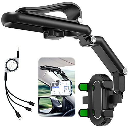 DOUBFIVSY Handyhalterung Auto Rückspiegel mit 3 IN 1 USB Kabel, Universal 360 ° Drehbarer und Einziehbarer Handyhalter Multifunktionale Handyhalterung Rückspiegel für alle Smartphone