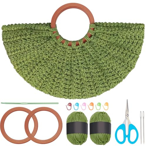 INFUNLY Halbmond Stil DIY Häkelset Tragetaschen Für Anfänger Erwachsene Grünes Häkelset Mit Videoanleitungen Häkel Taschen Starter Kit Mit Holzgriff Häkel Handtaschenset Für Frauen DIY Set Geschenke