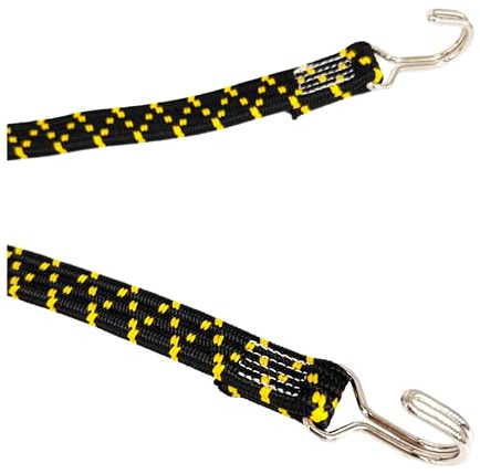 Cuerda elástica Plana con Ganchos de Acero. Negro, 125cm. | Hecha en España, cinta elástica plana de 18 mm para sujetar equipaje, carga, lonas y accesorios; se estira hasta 120%.