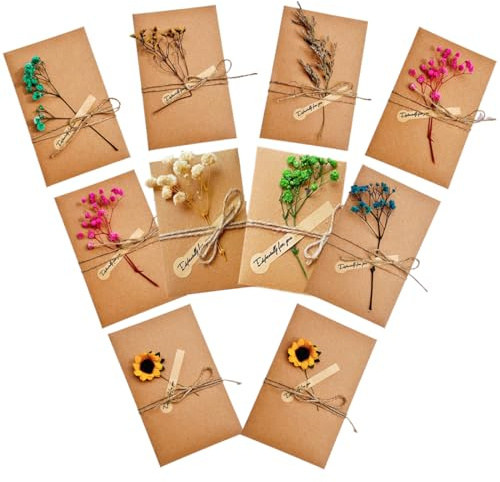 NJCXOLA 10 Pcs Carte de Voeux Fleur Séchée, 17.5 * 11cm Enveloppe Carte de Voeux, Rétro Kraft Vierges Invitation avec Enveloppe, pour Noël, Anniversaire, Saint-Valentin