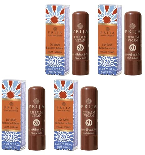 Prija Bálsamo Labial Vegano con Aceite de Jojoba, Manteca de Karité y Cera de Girasol, Cuida Tus Labios de Forma Natural, Bálsamo Labial Hidratante en Barra 4 x 4.5ml