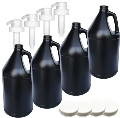 1 Gallon Plastic Jug (4-Pack) Reusable Food-Safe, Heavy-Duty HDPE Containers for Water, Sauces, Soaps, Detergents, Liquids with Screw-On Safety Cap and Pump Cap (Black, 1 Gallon) (4-Pack)