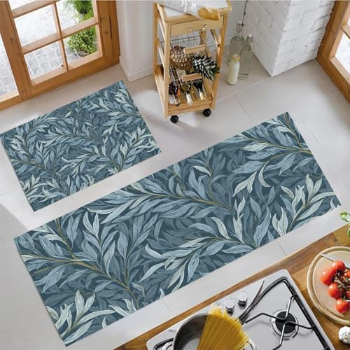 MLSOWM Set di 2 Tappeti da Cucina Foglie Di Salice, Tappetini da Cucina Stile Retrò, Runner Antiscivolo, Tappetino Assorbente per Ingresso e Corridoi, 43x75cm+43x150cm, Blu-Grigio