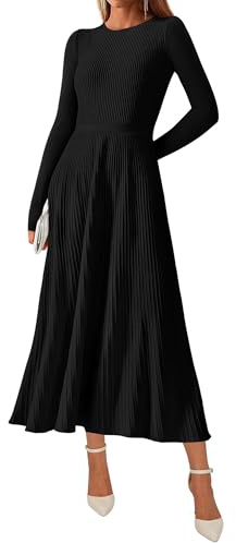 KIRUNDO Women Sweater Dress Holiday Ribbed Knit Long Sleeve Slimming Maxi Dress Fall Pleated Elegant A Line Winter Dresses(Black, Small)