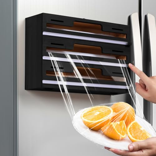 Allinside Magnetic Plastic Wrap Dispenser with Cutter, 3 in 1 Refrigerator Bamboo Wood Organizer for Tin Foil, Baking, Wax Paper Holder Kitchen Storage Box Compatible with 12.9 Roll, Black (3 Layer)