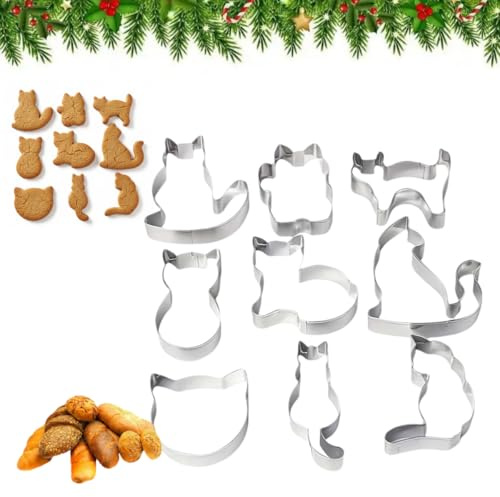 Juego de 9 cortadores de galletas para gatos, cortadores de galletas con forma de gato de Navidad, formas variadas de gatos y gatitos, moldes de galletas para decoraciones de fiestas de alimentos y