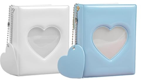 Mini álbum de fotos de 3 pulgadas, 2 unidades de 32 bolsillos para tarjetas fotográficas con llavero, mini álbum de fotos, soporte para tarjetas de fotos en forma de corazón, soporte para tarjetas