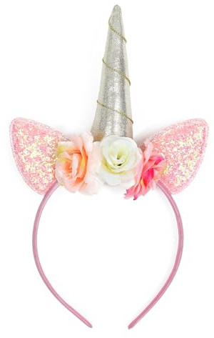 ZADAWERK® Haarreif - Einhorn - Rosa - mit Glitzerohren und Blumen - Kinder - Geburtstag - Mitgebsel - Party - Cosplay - JGA
