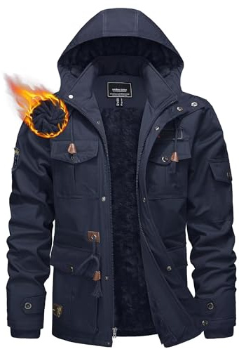 KEFITEVD Huvtröjor för män i varm fleece, jacka med 5 fickor, tjock cargojacka med huva, marinblå, L