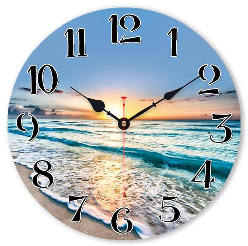 VIKMARI Kitchen Wall Clock - Home Decorative Wall Clock,14 Inch Silent Non-Ticking Quartz Battery Operated Clock, Easy to Read Round Arabic Numerals Ocean Wave Pattern Wooden Wall Clocks