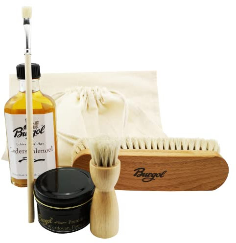 Burgol Schuhpflegeset für rahmengenähte Cordovanschuhe Schuhe Bürsten- Ledersohlenöl-Pomade und Schuhwachs (Mittelbraun)