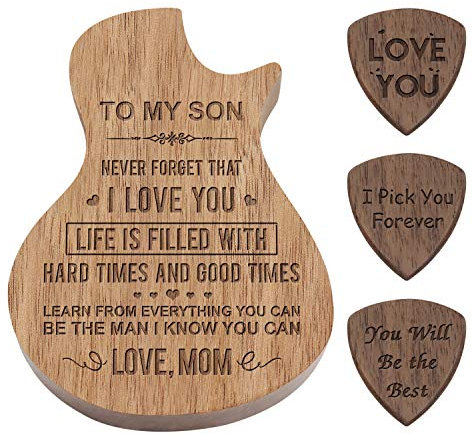 Gravierte Gitarrenplektrumbox, Gitarren-Plektrumbox, personalisierte Holz-Gitarrenplektren-Box, Plektrum-Behälter mit 3 Gitarrenplektren für Standard-Plektren (To Son from Mom)