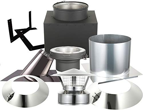 AllFuel HST Through The Attic Kit with Spark Guard Chimney Cap for 6 Diameter 304 Stainless Steel Class-A Double Wall Chimney Pipe (11 Square Ceiling Support Box, 7/12-12/12 Pitch Roof Flashing)