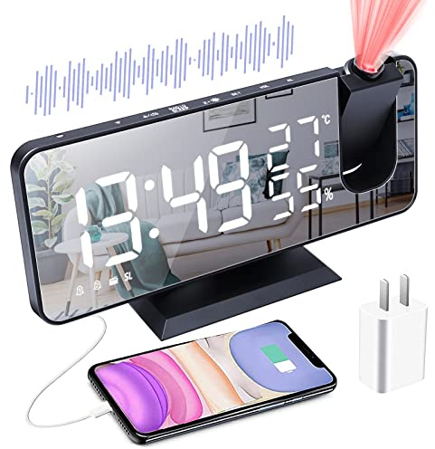 Réveil numérique avec projection, réveil LED avec surface miroir avec chargeur USB 7,4 Grand écran LED miroir Radio FM Radio Réveil radio-réveil pour chambre à coucher salon (noir et blanc)