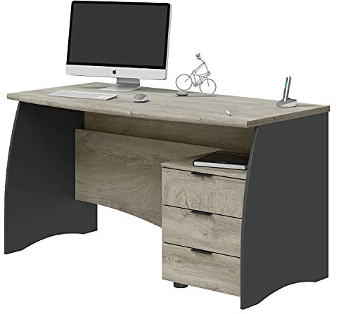 Habitdesign Mesa de Despacho con 3 Cajones, Mesa de Oficina o Estudio, Modelo Stil, Acabado en Gris Antracita y Roble Alaska, Medidas: 136 cm (Ancho) x 67 cm (Fondo) x 74 cm (Alto)