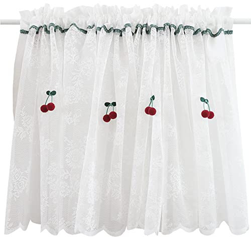 A.Monamour Gardine Scheibengardinen Kurzstores Schiebevorhänge Weißer Transparenter Voile Vorhang Blumen Stickerei Spitze mit Roter Kirsche Kurzvorhang Küche Vorhang Fenster Kurz Stores Bistrogardine