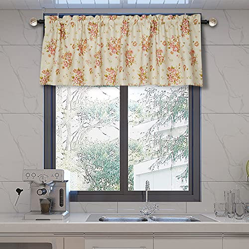 Devola Vorhänge im Amerikanische Landhausstil Blumenmuster Bedruckt Scheibengardine Verdunklungs Bistrogardine Privatsphäre Kurzer Küchenvorhang Fertiggardine Kurzstore BxH 132x60cm Beige 1 Stück