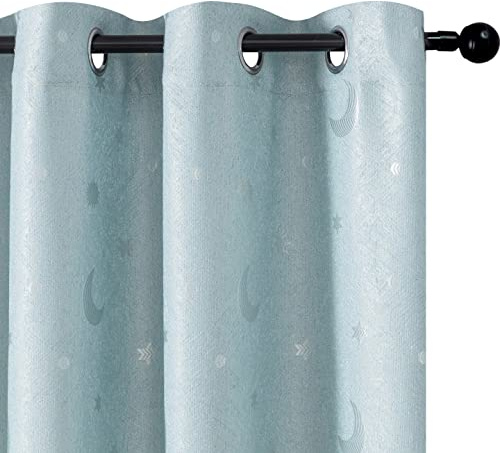 GIRASOLE HOME® Coppia Tende Jacquard Semi Oscuranti Fantasia Luna e Stelle Tenda Morbida Termica Isolante per Camera Cameretta e Interni 2 Pannelli con Occhielli (Celeste Stelle, 140x275cm)