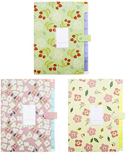 eMagTech 3 x Fächermappe mit Blumendruck, Akkordeon-Dokumenten-Organizer, 8 Fächer, Schnappverschluss für A4-Dokumente, Kunststoff, gelb/grün/rosa Einband