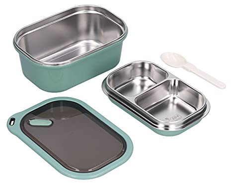 Tiiyee 1.2L Stainless Steel Double Layer Bento Box, Leakproof w Spoon Green | Square Shape Detachable Inner Trays, Easy Clean Silicone Seal BPA-Free Durable for Adults Kids School Office Picnic Travel