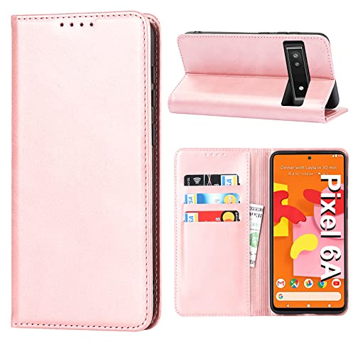 Vaki Handyhülle für Google Pixel 6A Hülle, Schutzhülle Pixel 6A 5G Leder Wallet Kartenfach Standfunktion Stoßfest Klapphülle Hüllen Pixel 6A 5G 6.1 Flip Case Cover (Rosa)