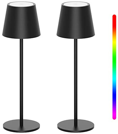 K-Bright 2 Stück LED Dimmbare Akku Tischlampe Kabellose, Wiederaufladbar Warme Lichtfarbe 3000K+RGB Tischleuchte mit USB-C, Aluminium, IP54 Wasserdichte, Schwarz