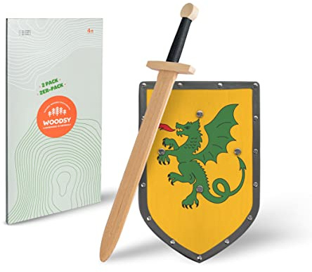 WOODSY ® Sköld och Svärd Barn | 57 cm långt Handgjort av bokträ Drakdesign | Riddar dräkt Barn Riddarsvärd Barn Barnsvärd Leksak Svärd Fasching Medeltid excalibur