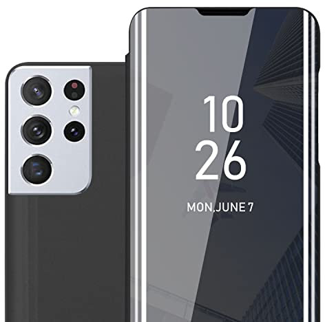 Cadorabo Hülle kompatibel mit Samsung Galaxy S21 Ultra in TURMALIN SCHWARZ - Clear View Spiegel Schutzhülle mit Standfunktion 360 Grad Schutz