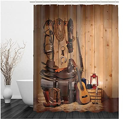 Whoiy Duschvorhang 120X180 Schimmelresistent, Duschvorhang Eckbadewanne Polyester Badegardinen Musikinstrument Braun für Outdoor Hotel