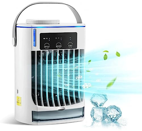FBITE Aire Acondicionado Camper, 4 en 1 Portable Air Conditioner, Climatizador Evaporativo Silencioso Tanque de Agua de 500ml, 3 velocidades y 3 nieblas para Oficina