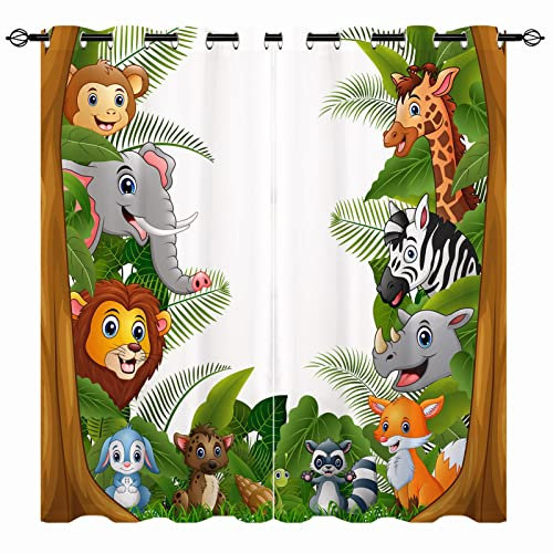 YUANZU Kinder Vorhänge Dschungel Wald Tiere Zoo Ösen Gardinen mit Blickdichte Thermo Vorhang Kälteschutz Blackout Curtain Kinderzimmer Schlafzimmer Verdunkelung Fenster, 2 Stück, H 160 x B 132 cm