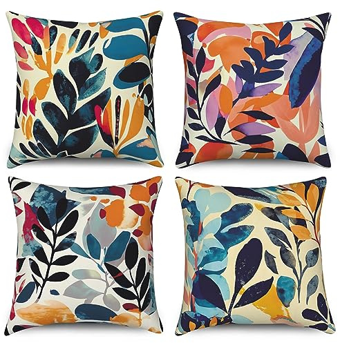 ASDCXZ Kissenbezug 40x40 cm 4er Set, Modern Kunst Graffiti Blätter Bunt Sofa Dekokissen Kissenbezüge Kissenhülle Waschbar Polyester Flachs Textil Outdoor Kopfkissenbezug Kissen Bezug