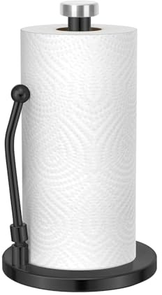 E-ROOM TREND Kitchen Roll Holder/Paper Towel Holder with Spring Arm | Stainless Steel Organizer Dispenser Free Standing with Weighted Base | for Kitchen Barthroom Countertop (ZJ274B) | Matt Black
