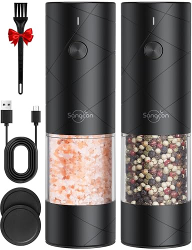 Sangcon Electric Salt and Pepper Grinder Set Rechargeable Shakers - No Battery Needed Automatic Pepper Mill -Adjustable Coarseness Light Weight Easy to Use Refillable - Salt Grinder Gift for Kitchen