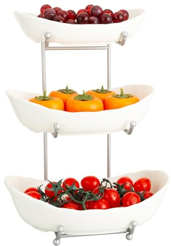 kiss me Tiered Fruit Basket for Kitchen Countertop, 3 Tier Ceramic Fruit Bowl Sets with Metal Stand White Fruit Serving Holder for Snacks Nuts Candy Cake Vegetable Storage (#3 Silver Stand)