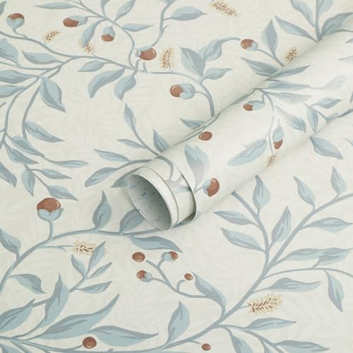 Timeet - Pellicola adesiva blu per mobili, carta da parati, autoadesiva, motivo foglie e piante, 41 x 1000 cm, colore bianco, impermeabile in vinile, per mobili, cucina, armadio