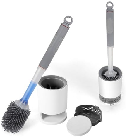 Silicone Toilet Brush And Holder Set With Soap Dispenser | Punch-Free Wall Mount Toilet Brush With Long Handle