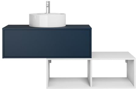Vente-unique-Mobile bagno sospeso con lavabo tondo 1 cassetto Blu e 2 nicchie Bianche 94 cm - TEANA II